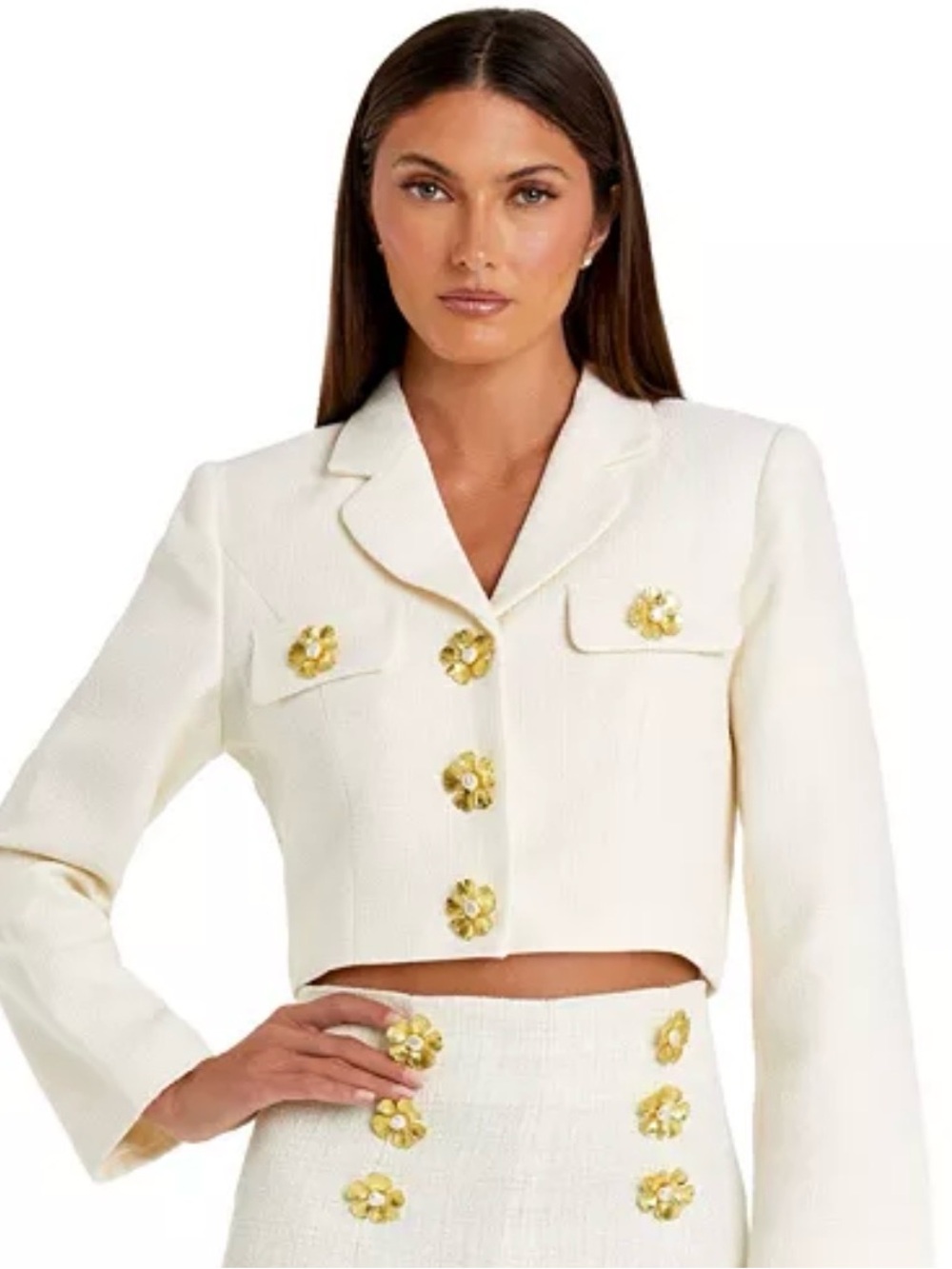 Mac Duggal Cropped Tweed Jacket with Gold Floral Buttons